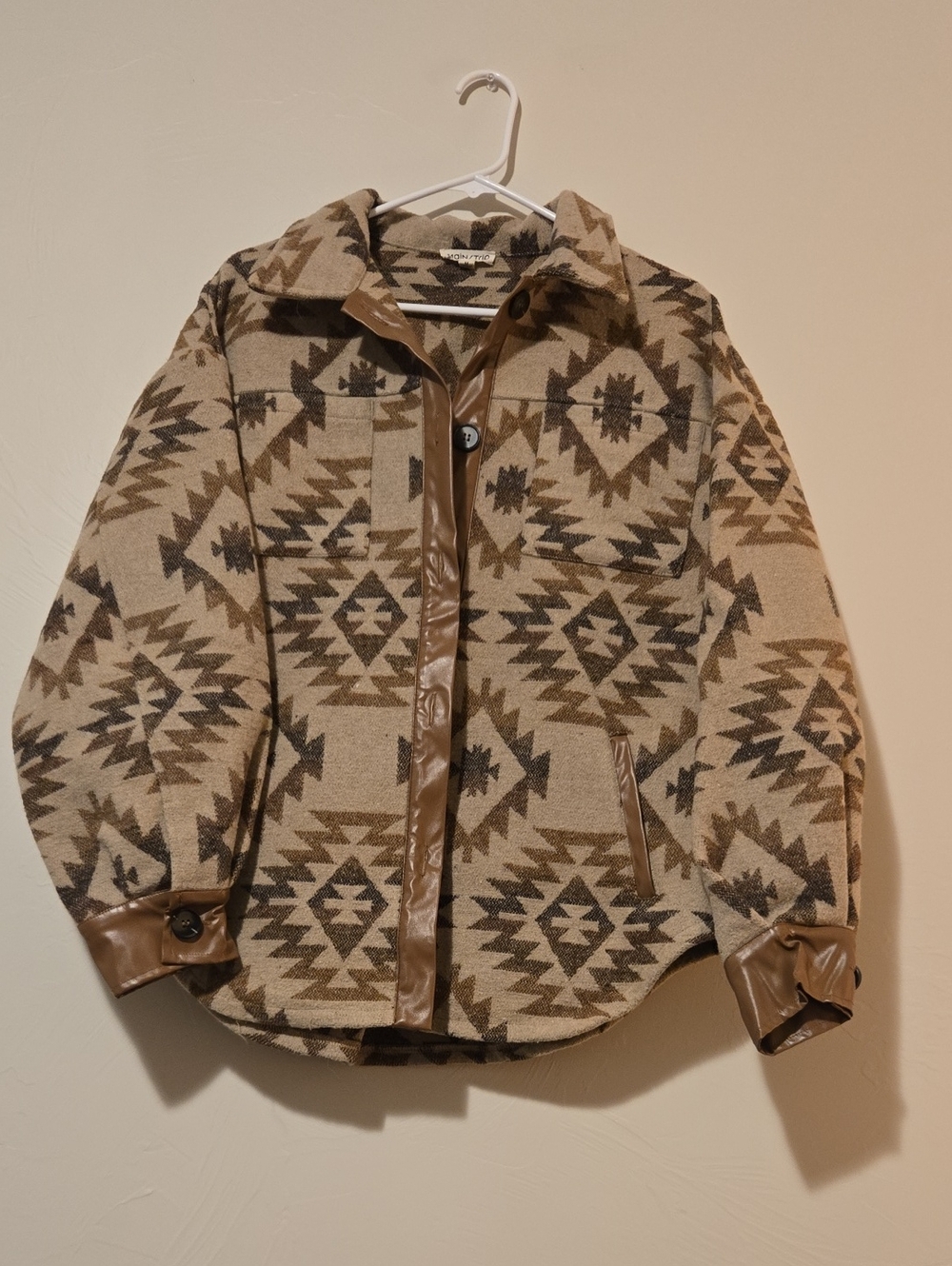 Main Strip Aztec Pattern Lightweight Shacket in Cream and Brown